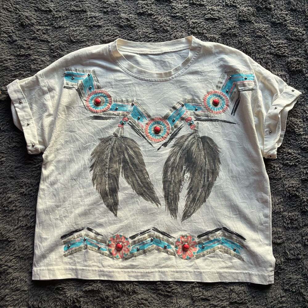 Vintage 1990s Gepetto Native American Inspired Feather and Beaded Graphic Tee